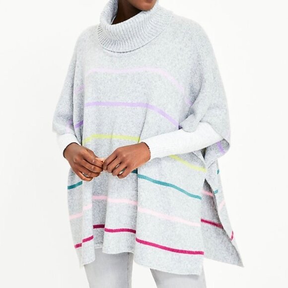 LOFT Womens Gray Striped Turtleneck Poncho Sweater Short Sleeves size XS Small - Picture 1 of 16